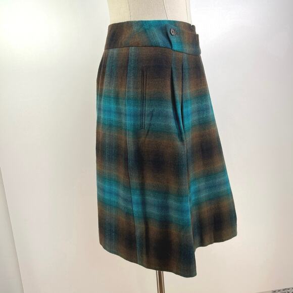Chadwick’s Collection Plaid Wool Skirt Brown Teal Pleated Twee - Picture 6 of 8